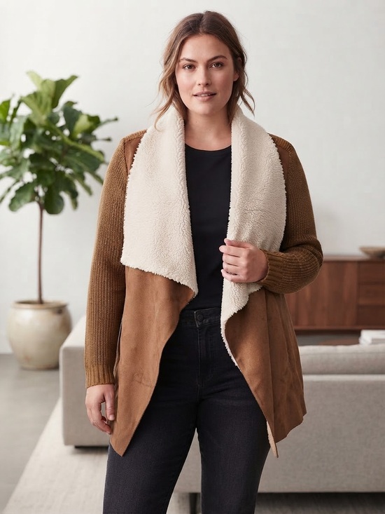 Ruff Hewn Jackets & Blazers - RUFF HEWN Sherpa Collar Faux-Suede Draped Jacket XL 22” p2p Brown/Cream $99 NWT